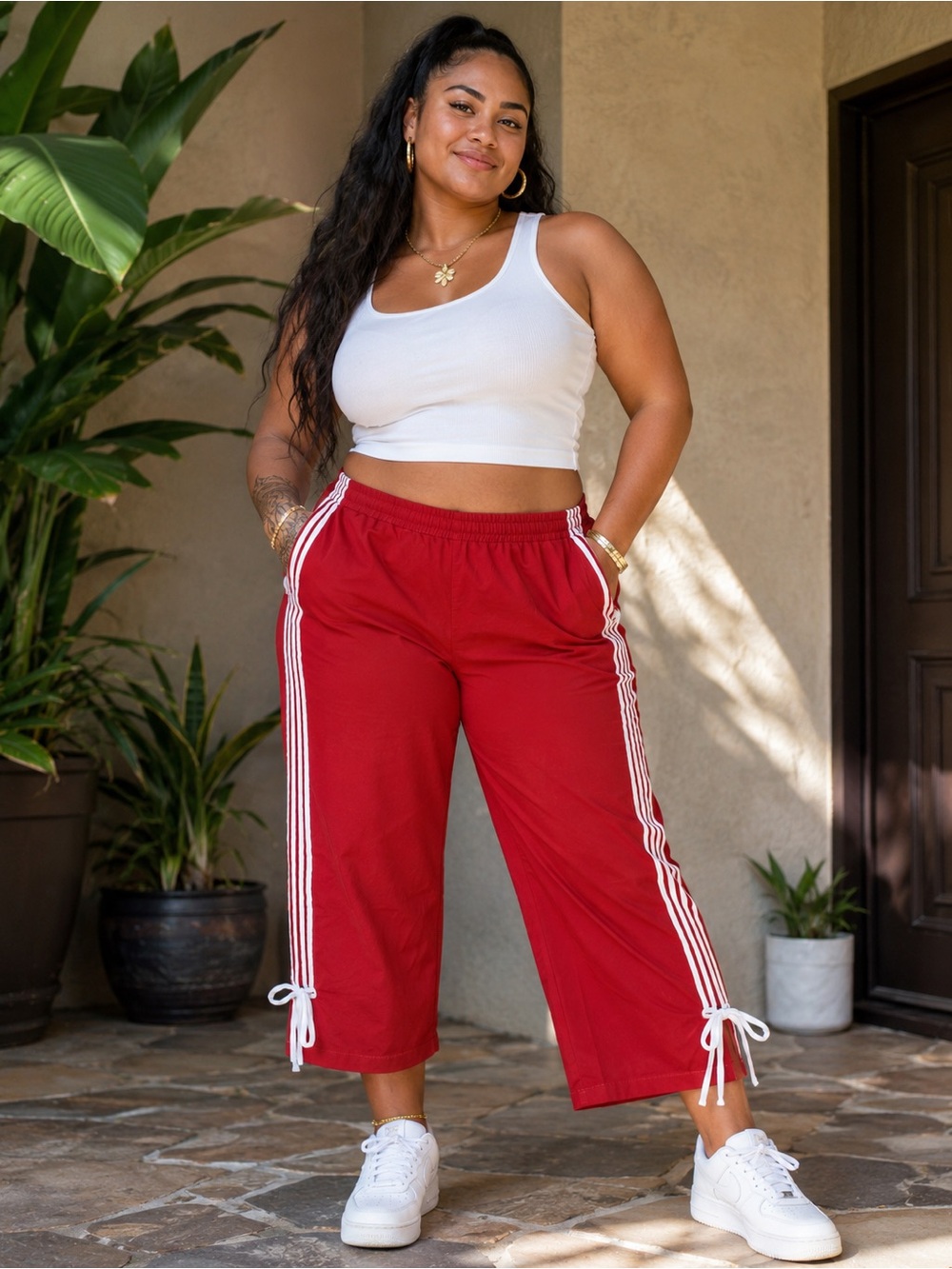 Cali 1850 Red White Stripe Tie Hem Capri Track Pants XL Y2K Sporty